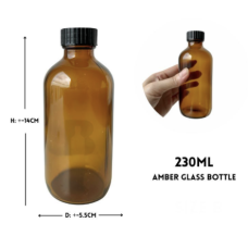 230ML AMBEL OIL GLASS BOTTLE WITH 28MM BLACK PLASTIC CAP & 18MM STOPPER (2 TRAY X 48PCS)